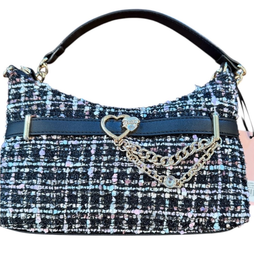 Juicy Couture Black Tweed Shoulder Bag Open Heart with Gold Chain NWT
